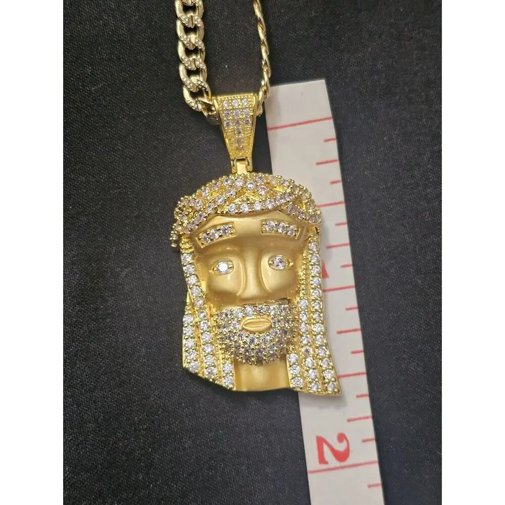 Combo24in 14k Gold-Plated brass-4mm Cuban chain wCZs Jesus facePendant and7 ring